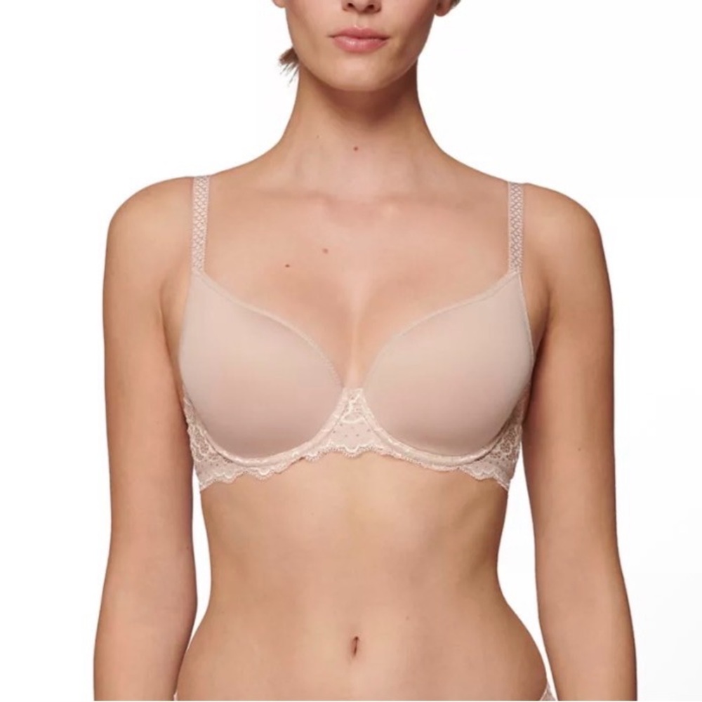 Simone Perele Caresse 3D Plunge T-shirt Tan Lace Accent Bra Size Size‎ 38E